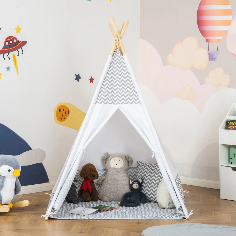 HOMCOM Indian Teepee Play Tent for Children Graphic Style - dim. 1.2L x 1.2I x 1.55H m - Closable Door Window Mat Cushion Carry Bag Included - Indoor and Outdoor Gray White
