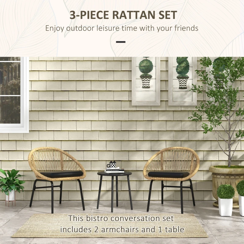 Outsunny Zestaw mebli ogrodowych z rattanu 3-częściowy, zestaw mebli balkonowych z stolikiem kawowym, 2 krzesłami, zestaw wypoczynkowy z poduszkami, zestaw mebli ogrodowych, poliester, żółty