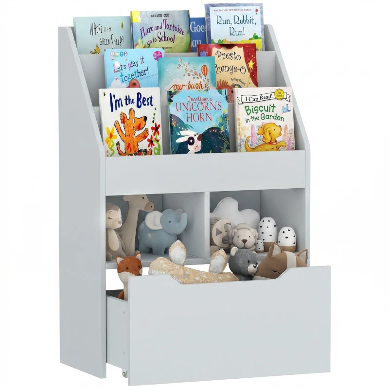 HOMCOM Kinderboekenrek met Lade en Vakken, 60 x 29,9 x 90 cm, Grijs(m-13)