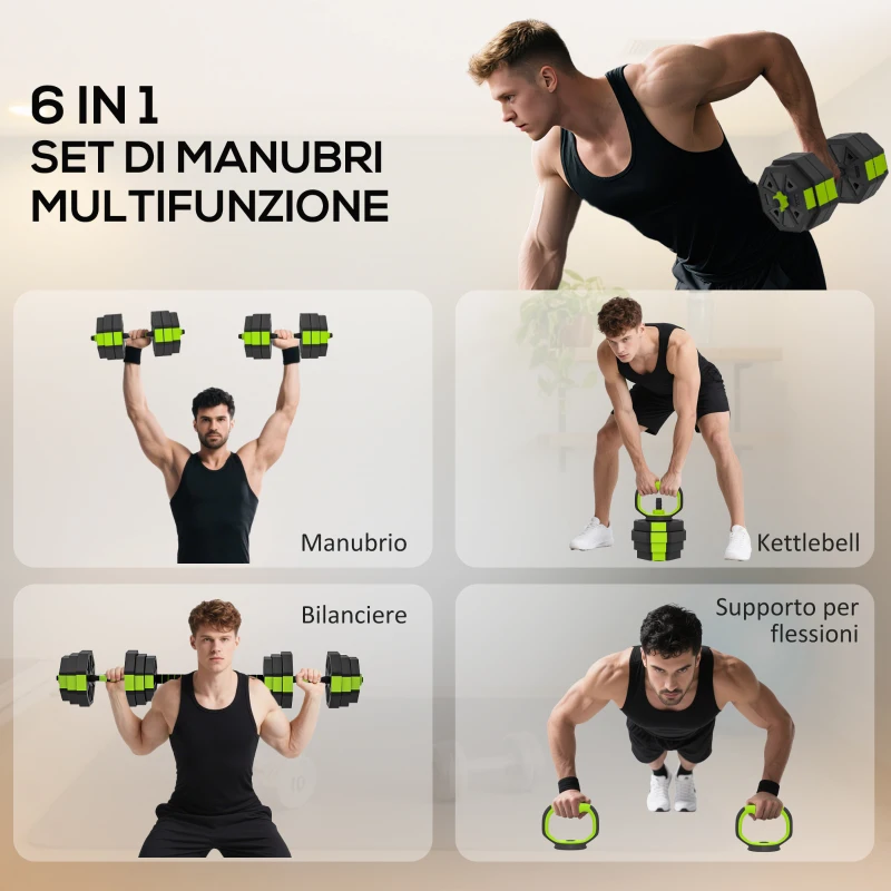SPORTNOW Set Pesi Palestra 6 in 1 Multifunzione da 25kg Totali in Plastica e Sabbia, 125x18x18 cm, Verde