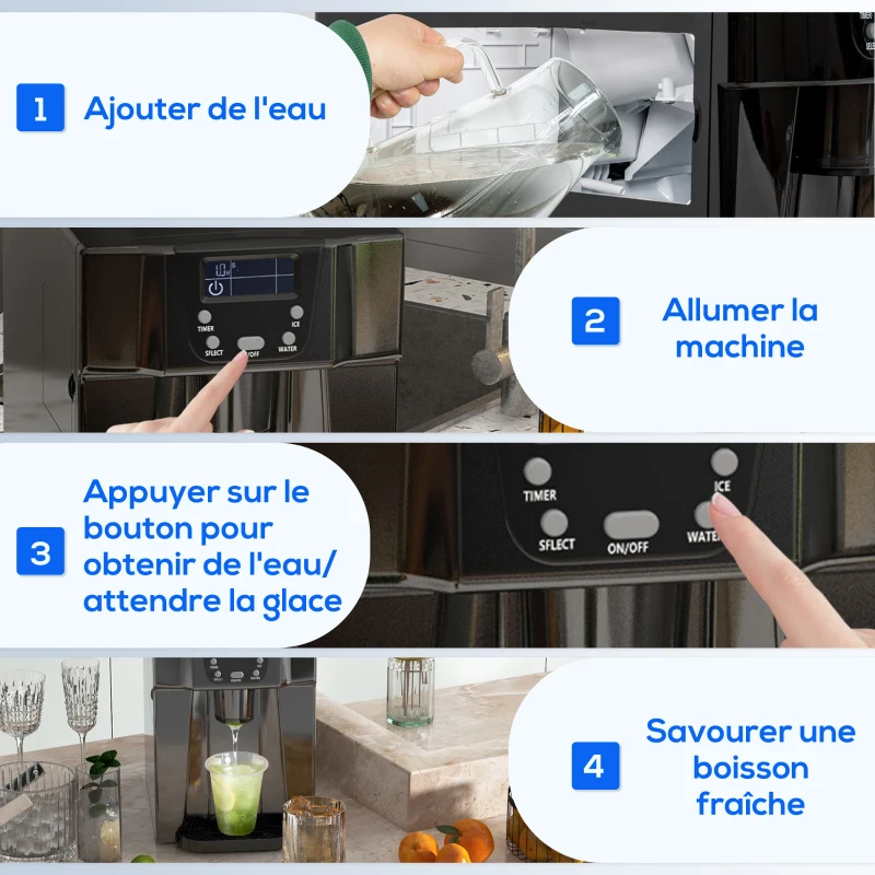 HOMCOM Machine à glaçons avec distributeur d'eau, ice maker, 12kg en 24h, 9 glaçons en 6-10 minutes, 25,2x38,9x36,3cm, noir