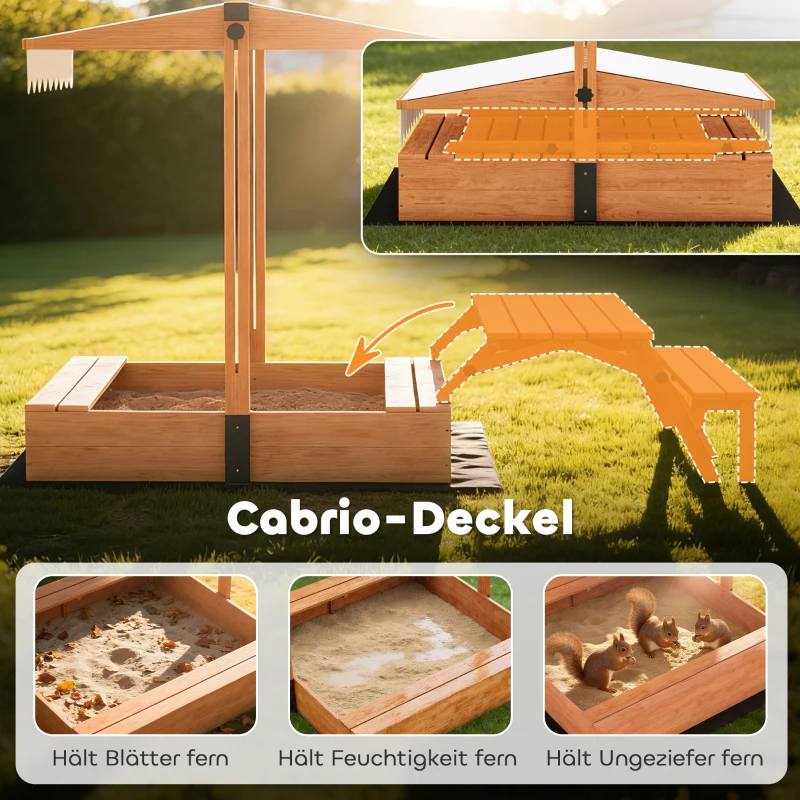AIYAPLAY Sandkasten mit Dach Sandkiste aus Holz mit klappbarem Picknicktisch Sitzbänken für 3-8 Jahre 184 x 110 x 120 cm Braun
