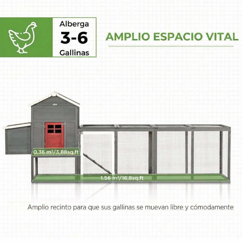 PawHut Gallinero para Exterior Grande de Madera 300x66x116 cm con Nido Corral Bandeja Extraíble Techo Asfáltico Rampa Gris
