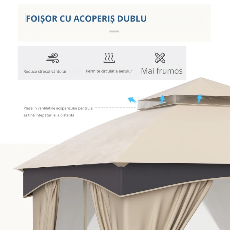 Outsunny Foișor de Grădină 3x3m, Pavilion Exterior cu Acoperiș Dublu, Include Plasă de Tânțari și Draperii Laterale, Cadru Metalic Robust, Bej/Maro
