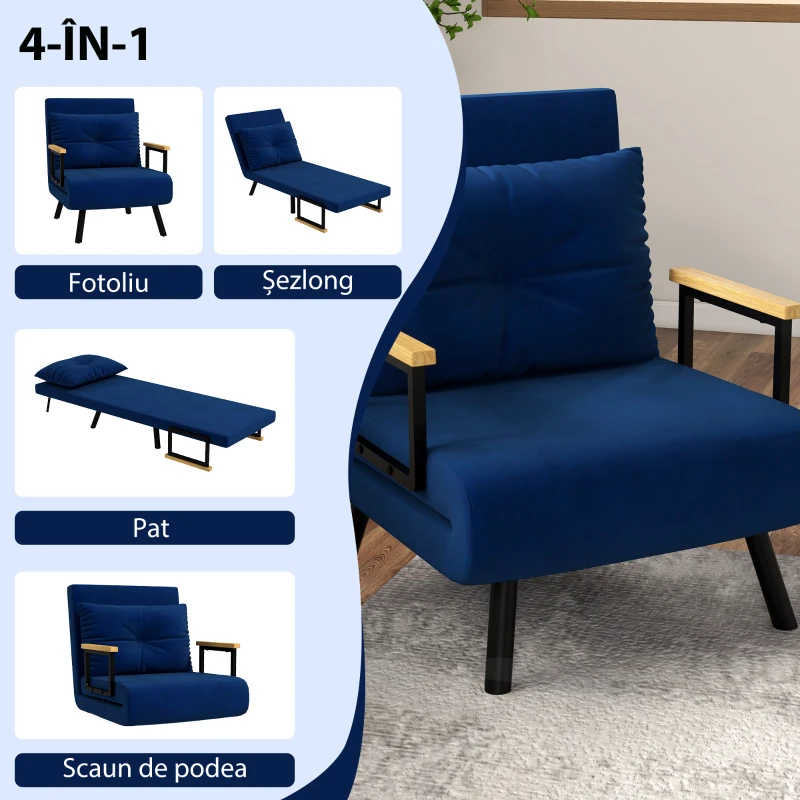 HOMCOM Fotoliu Pat 3 în 1 cu Spătar Rabatabil și Pernă, din Material cu Aspect de Catifea, 63x73x81 cm, Albastru(m-4)