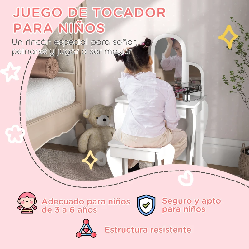 HOMCOM Tocador para Niños con Espejo y Taburete Tocador Infantil Tocador de Maquillaje para Niña de 3 a 6 Años con Cajón Blanco