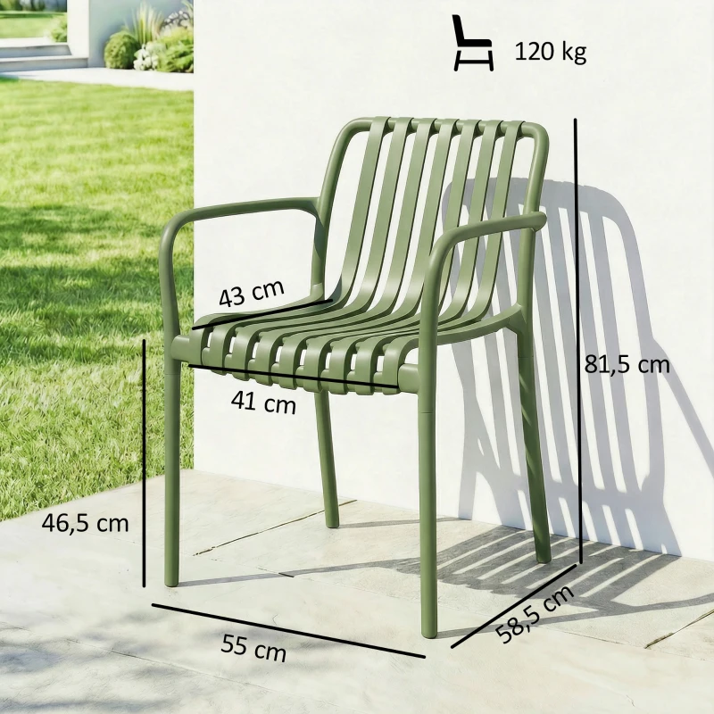 Outsunny 4er-Set stapelbare Patio-Stühle, Outdoor-Essstühle mit gebogener Rückenlehne, lamelliertem Sitz und Armlehnen