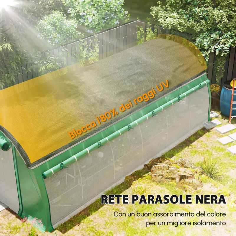 Outsunny Serra a Tunnel 6 x 3 x 2 m con Rete Parasole, Pareti Laterali Arrotolabili, Copertura in Plastica, Struttura in Acciaio, Verde