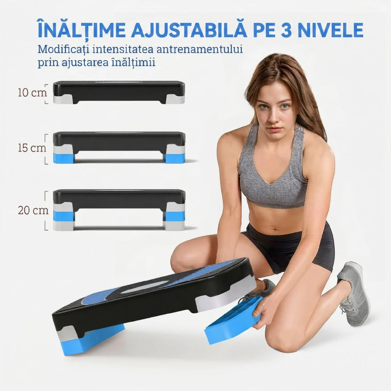 HOMCOM Aerobic-Stepper 3-stufig höhenverstellbar 80 x 31 x 20 cm Schwarz+Hellblau+Grau