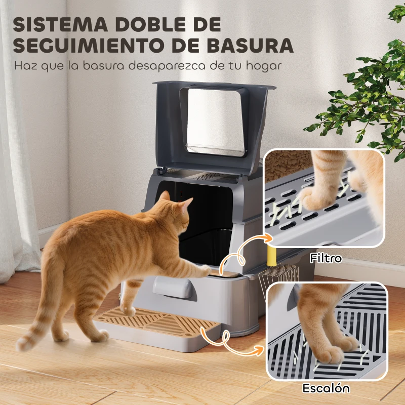 PawHut Arenero para Gatos de Acero Inoxidable XL con Tapa Abatible 180° Laterales Altos Pedal Pala Gris Oscuro