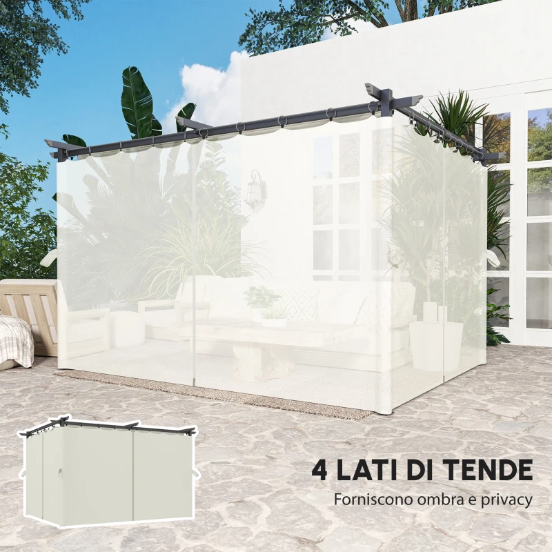 Outsunny Pergola 3 x 3 m con Telo Retrattile e Tende, Riparo Solare UPF30+ per Giardino, Terrazza, Esterno