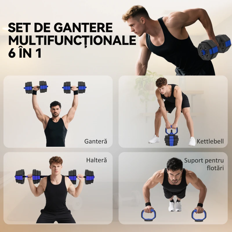 SPORTNOW Set Greutăți de Sală 4 în 1 de 30kg, Convertibil în Kettlebell, 2 Gantere, Haltere și Suport pentru Flotări, Roșu