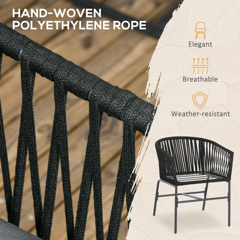 Outsunny Krzesła Ogrodowe, 2 szt., Design Boho, Poduszki na Siedzisko i Oparcie, Wygodna Powierzchnia Siedziska, Rama Metalowa, Czarny