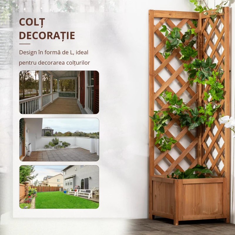 Outsunny Jardiniera de gradina din lemn de brad maro cu grila pentru plante cataratoare, 40x40x145cm