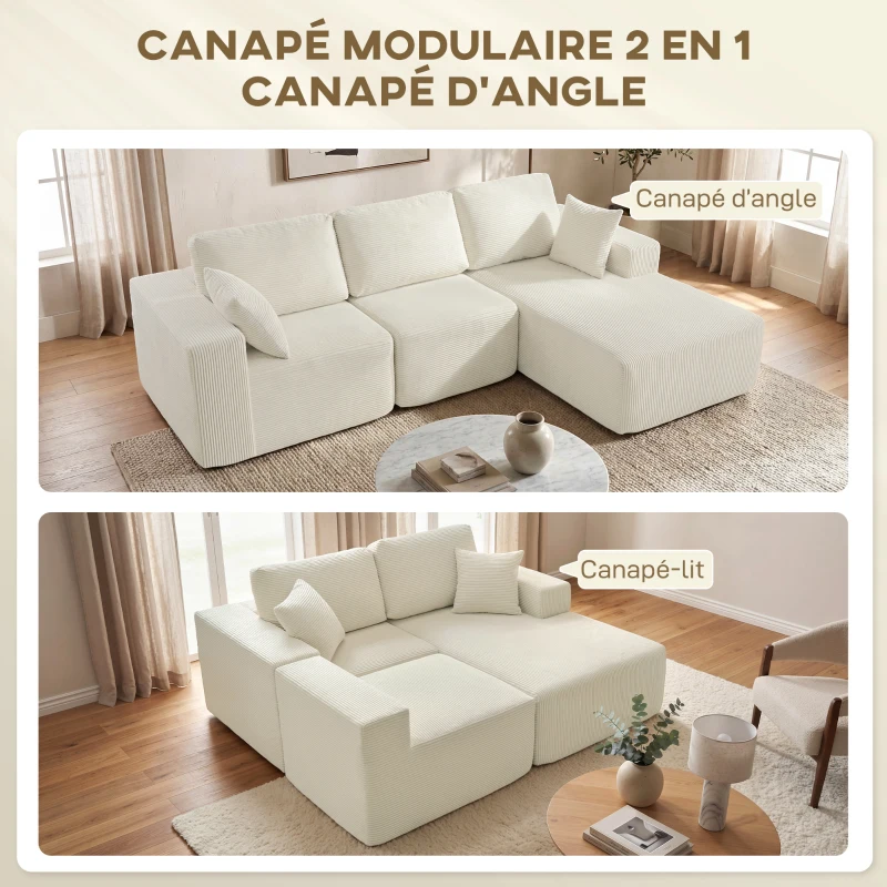 HOMCOM Canapé d'angle modulable 2 en 1, 267cm, canapé-lit 3 places en velours côtelé, larges assise et accoudoirs, crème