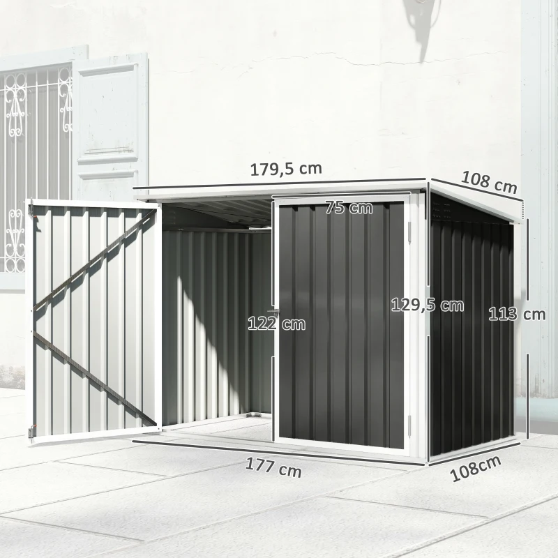 Outsunny Osłona na 2 pojemniki na śmieci z ocynkowanej stali z pokrywą, siłownikiem gazowym, podwójnymi drzwiami i otworami wentylacyjnymi
