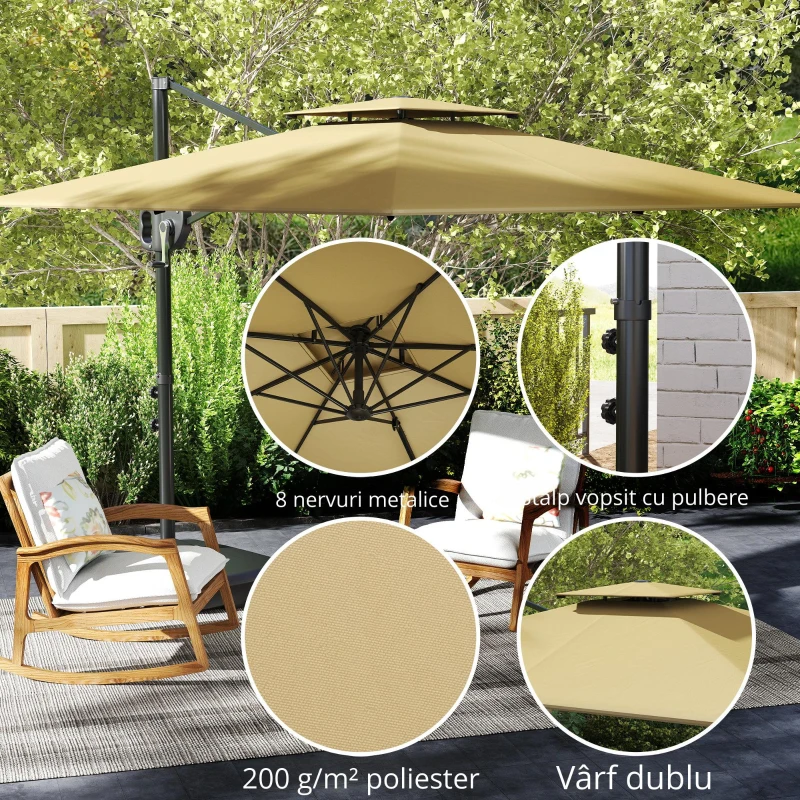 Outsunny Umbrelă de Grădină Decentrata 2.5x2.5 m cu Bază Umplută, Manivelă și Cap Reglabil, Bej