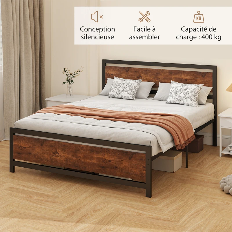 HOMCOM Cadre de lit double 200 x 160 cm en acier avec sommier et tête de lit compatible matelas aspect bois foncé