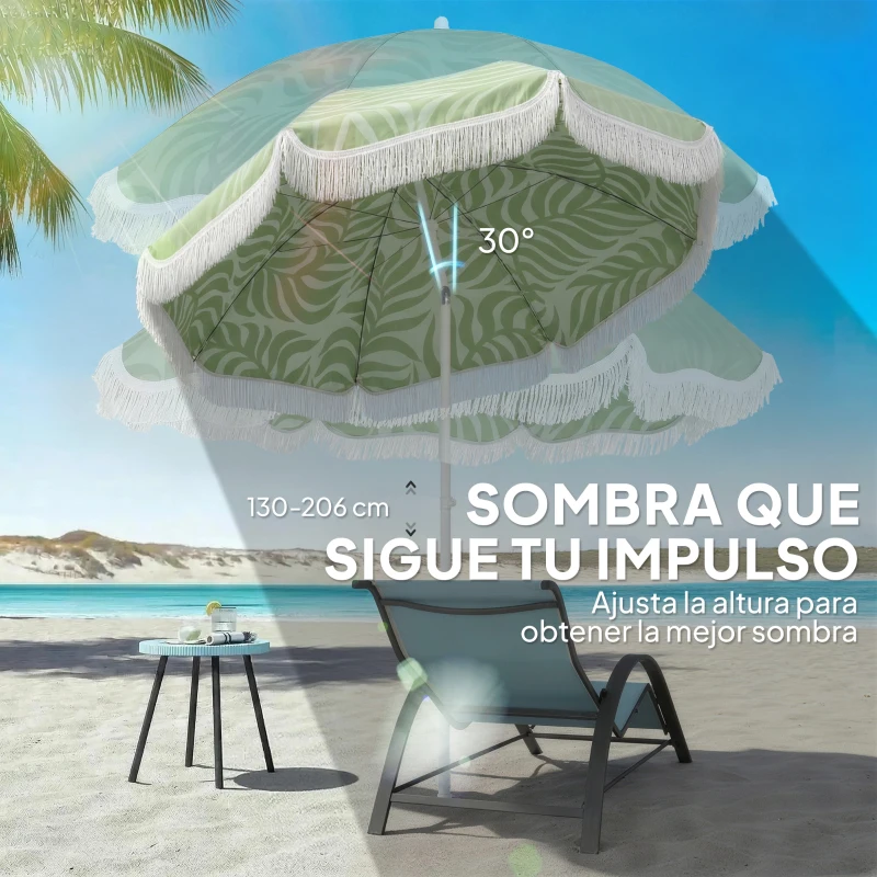 Outsunny Sombrilla de Playa con Flecos Ø180 cm Altura Ajustable Inclinación Anclaje Arena y Bolsa de Transporte UPF30+ Verde