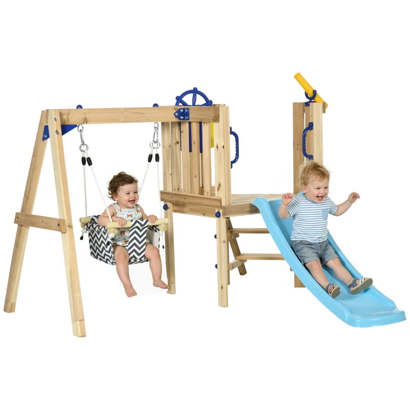 AIYAPLAY Columpio y Tobogán Infantil Exterior de Madera con Volante Telescopio para Niños de 18-48 Meses Madera Natural