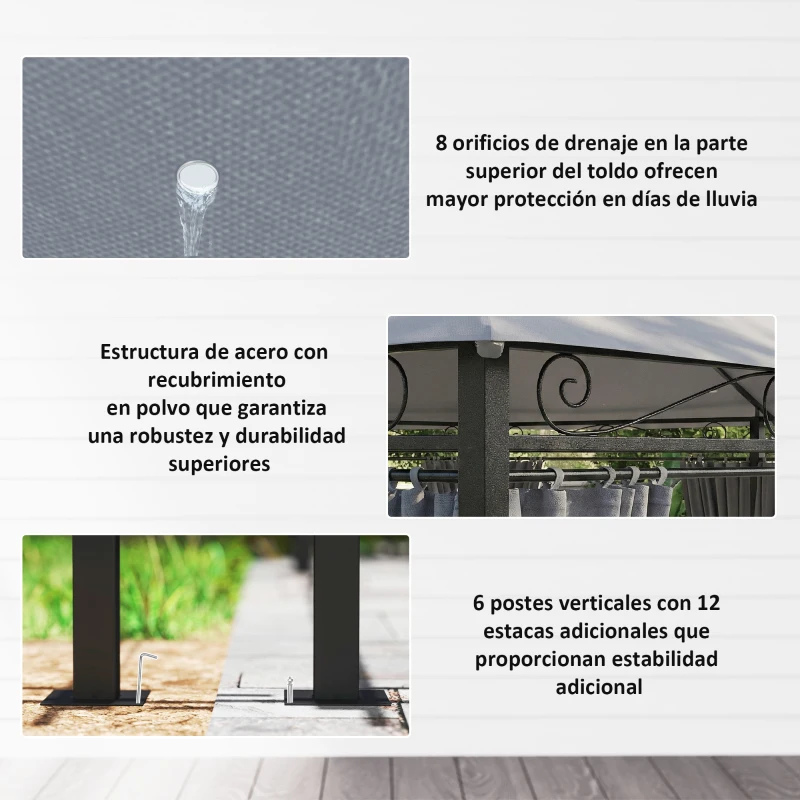 Outsunny Cenador para Jardín 3x4 m Pabellón de Jardín Gazebo con Doble Techo 6 Paredes Laterales Estructura Metálica Gris Oscuro