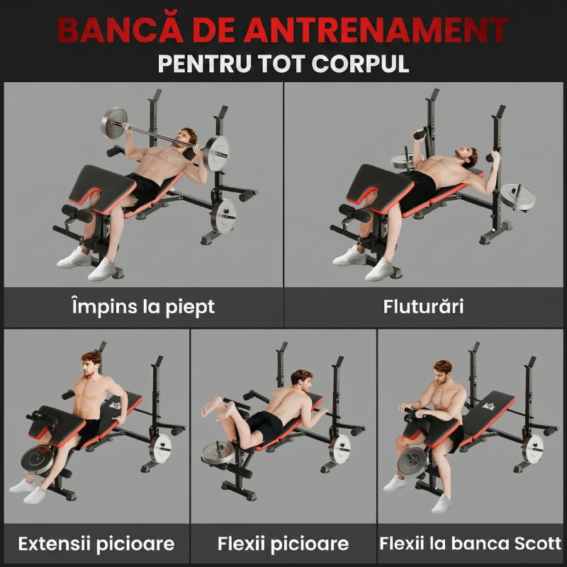 HOMCOM Bancă Multifuncțională Reglabilă cu Suport pentru Haltere, din Oțel și Plastic, 175x139x127 cm, Roșu și Negru