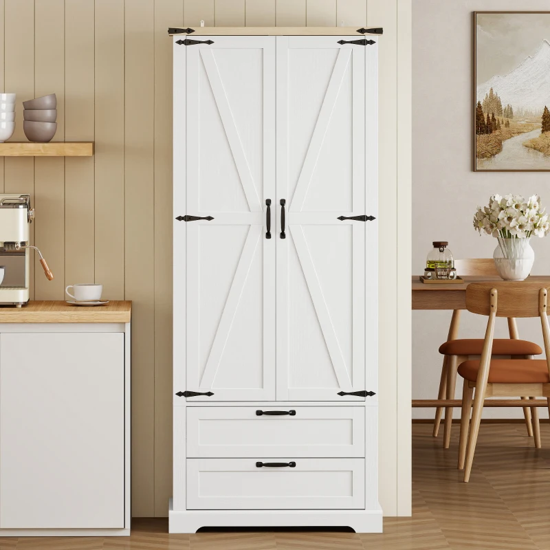 HOMCOM Buffet haut cuisine, armoire de cuisine avec 2 portes, 2 tiroirs, étagères réglables, style rustique, 76x40x180cm, blanc
