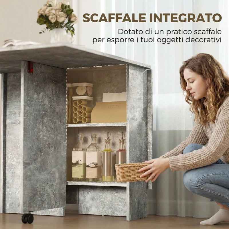 HOMCOM Tavolo da Pranzo Pieghevole con Ripiani, Ribalta e Ruote, Grigio Cemento