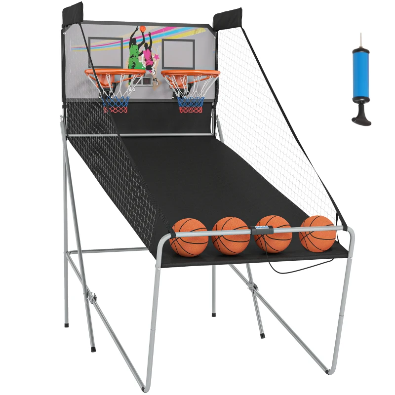 HOMCOM Juego de Canastas Plegable, Máquina de Baloncesto Juguete Contador y Marcador Electrónico, con Soporete de Acero, Red, Cesta de Baloncesto, 4 Baloncestos, 205x110x205 cm