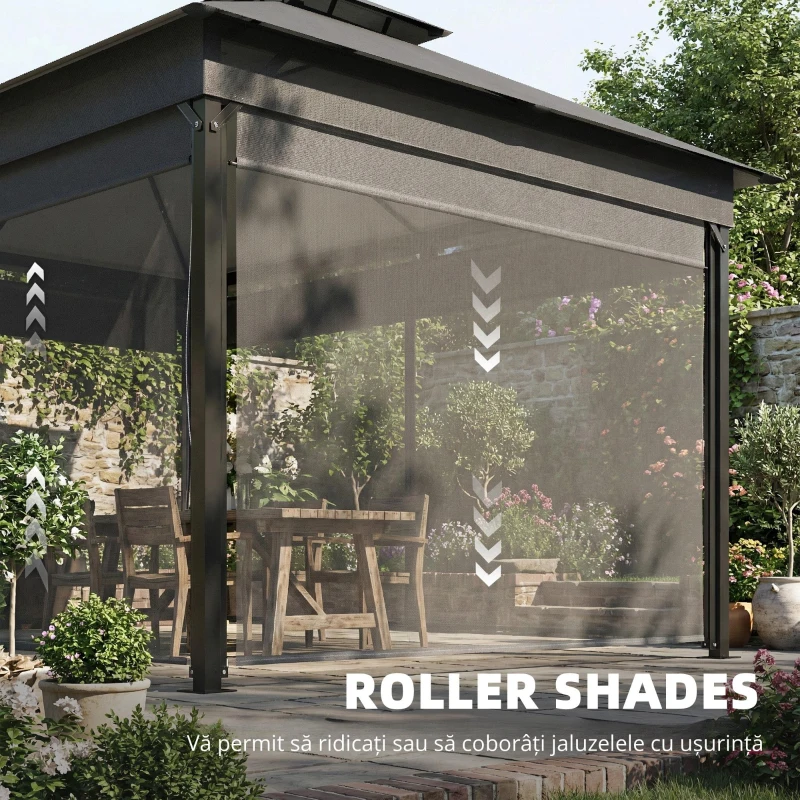 Outsunny Foișor de Grădină 4x3 m cu Perdele Laterale Rulante, Foișor Exterior cu 8 Orificii de Drenaj, Acoperiș Dublu și Structură Metalică, pentru Grădină, Balcon, Petreceri, Curte, Terasă, Gri Închis