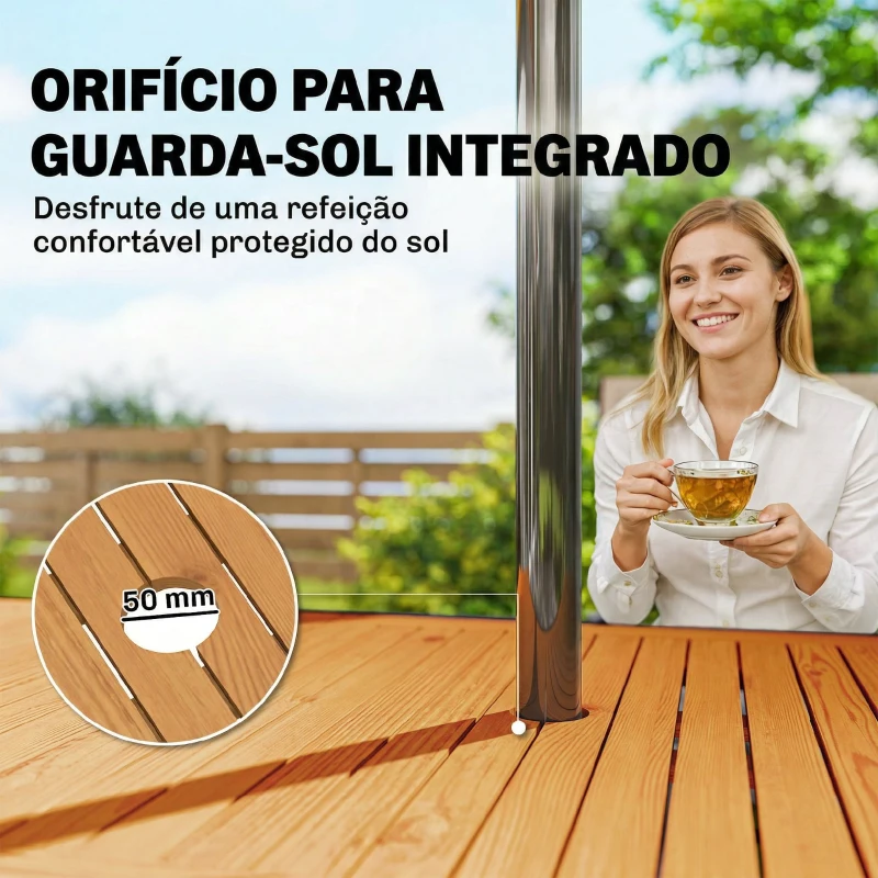 Outsunny Mesa de Jardim Extensível 100/150x70 cm em Madeira e Metal com Orifício para Guarda-Sol para 4-6 Pessoas Teca