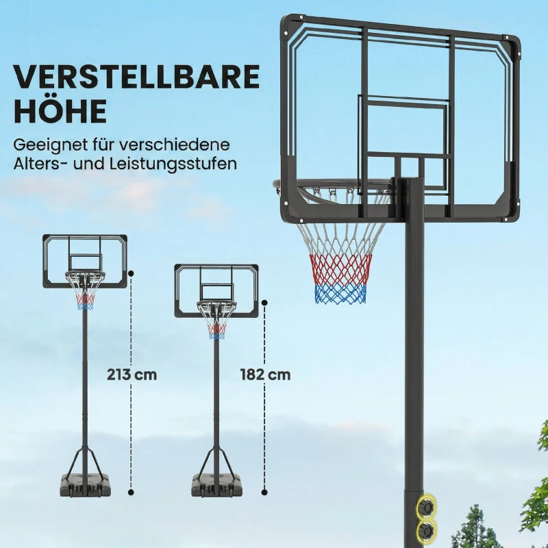SPORTNOW Coș de Baschet Reglabil pe 6 Înălțimi cu Bază Reîncărcabilă și Roți, din PE, Oțel și Poliester, Negru