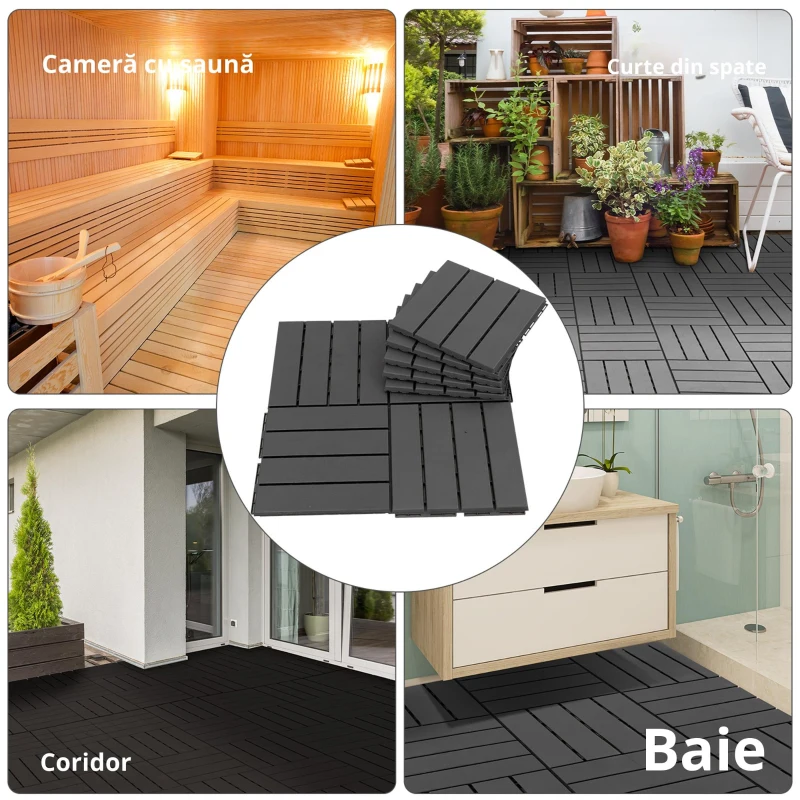 Outsunny Set 9 Caramizi de Cuplat pentru Terasa 30x30x2cm, 0.81 mq, Negru