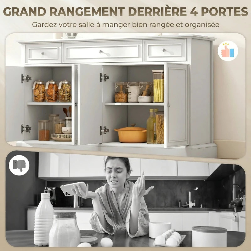 HOMCOM Buffet salon, meuble de rangement avec 3 tiroirs, 4 portes à fermeture douce et étagères réglables, blanc
