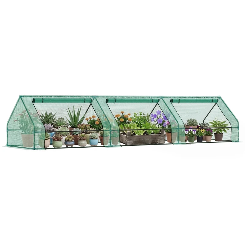 Outsunny Mini Serra per Piante Impermeabile con 3 Ingressi Avvolgibili, in Acciaio e PE, 400x100x80 cm, Verde