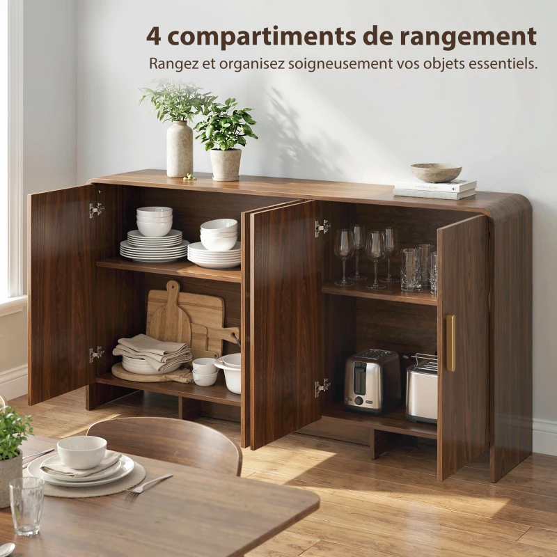 HOMCOM Buffet cuisine, meuble de rangement avec 4 portes à fermeture douce, 4 compartiments et bords arrondis, 152x40x80cm, noyer
