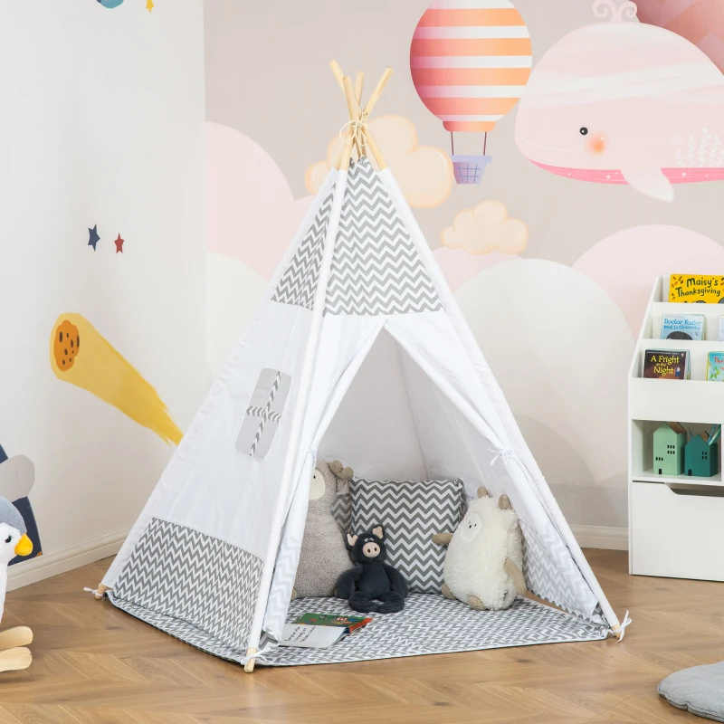 HOMCOM Indian Teepee Play Tent for Children Graphic Style - dim. 1.2L x 1.2I x 1.55H m - Closable Door Window Mat Cushion Carry Bag Included - Indoor and Outdoor Gray White