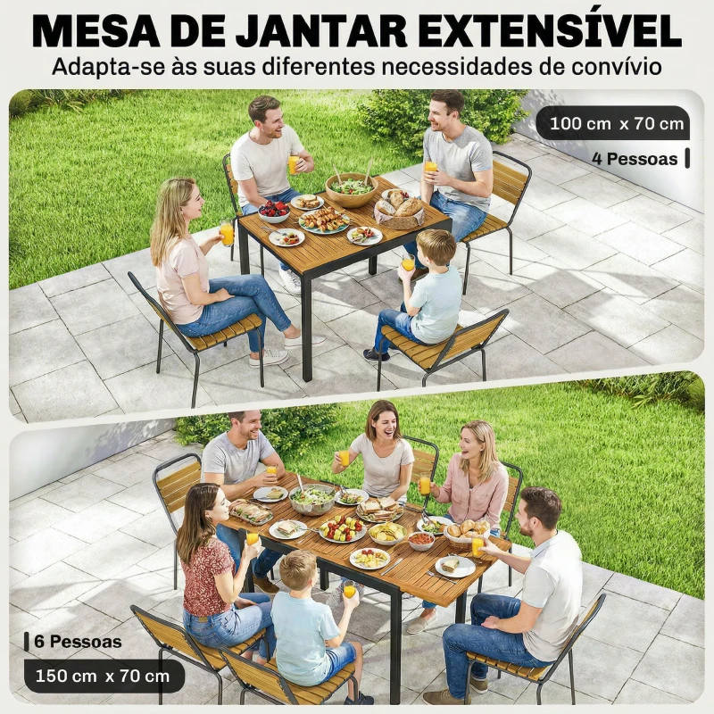 Outsunny Mesa de Jardim Extensível 100/150x70 cm em Madeira e Metal com Orifício para Guarda-Sol para 4-6 Pessoas Teca