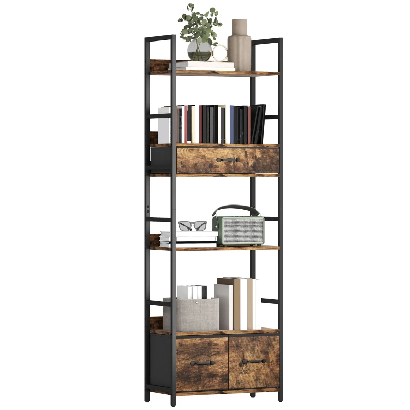 HOMCOM Industrial Style Bookcase, with 4 Shelves and 3 Fabric Drawers - Brown/Black