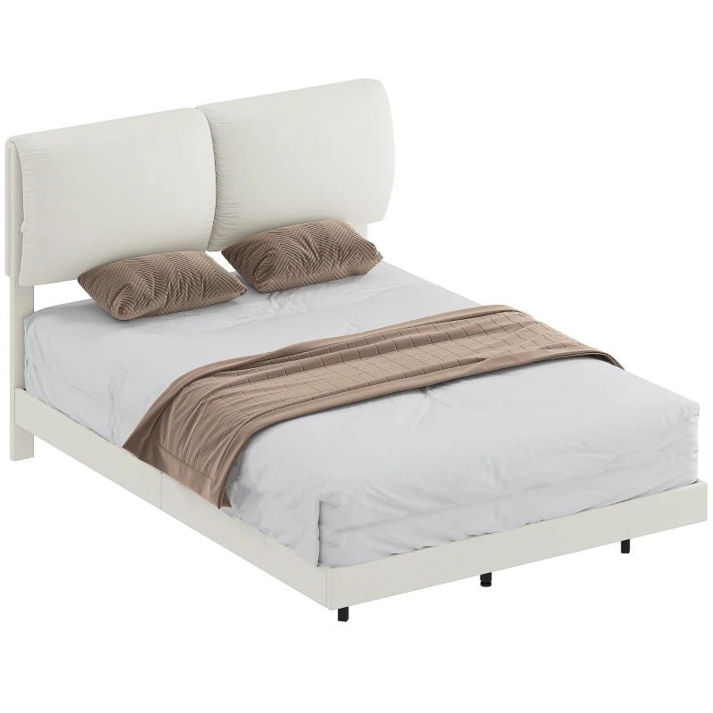 HOMCOM Cama Doble de 135x190 cm Somier con Cabecero Acolchado Efecto Flotante Estructura Metálica Beige