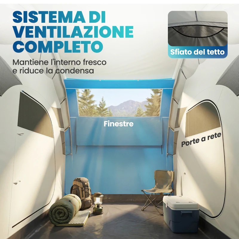 Outsunny Tenda da Campeggio Gonfiabile per 2-4 Persone con 2 Stanze, Facile da Montare, Blu