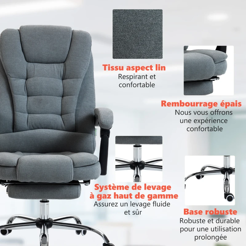 Vinsetto Fauteuil de bureau massant et chauffant, chaise de bureau, hauteur réglable, dossier inclinable, 65x70x111-119cm, gris
