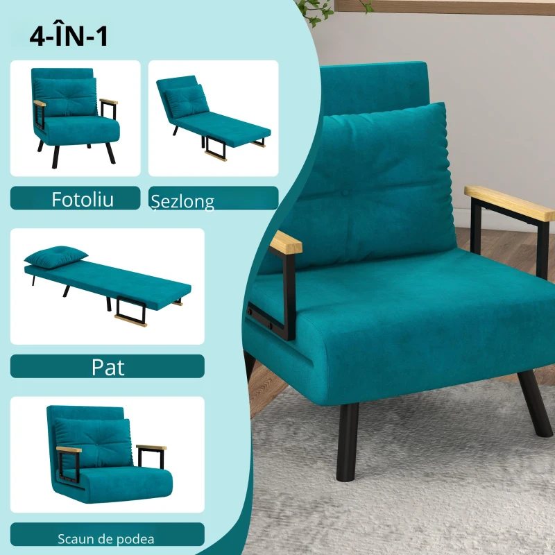 HOMCOM Fotoliu Pat 3 în 1 cu Spătar Rabatabil în 5 poziții și Pernă, 63x73x81 cm, Albastru Închis(m-6)