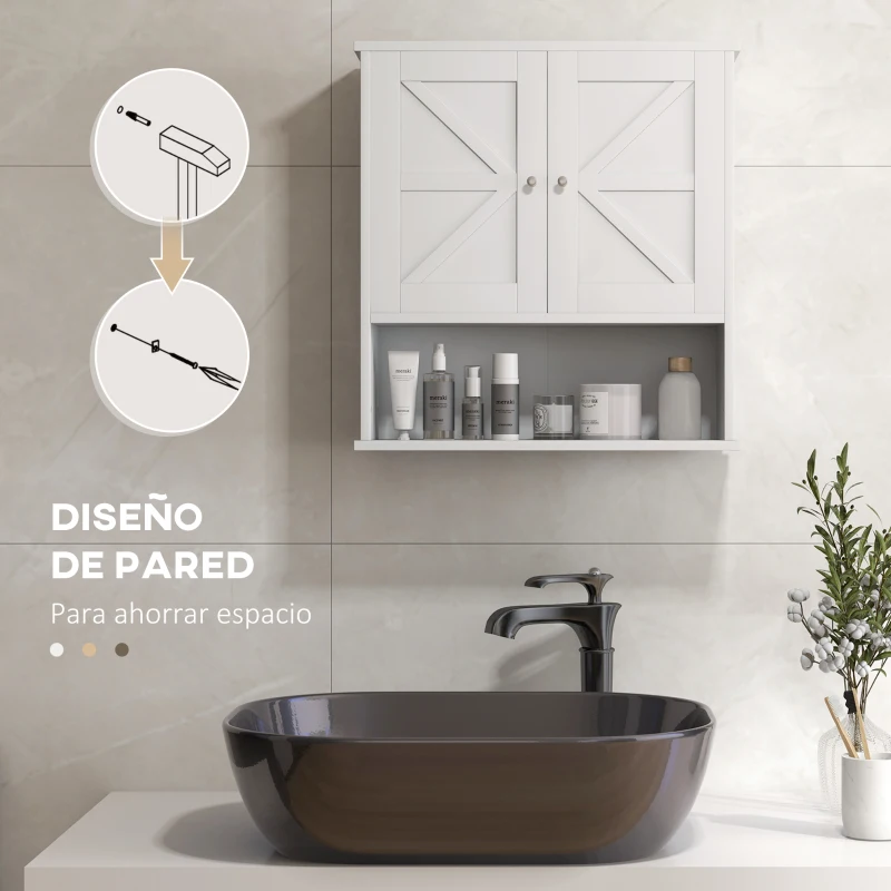 kleankin Armario de Baño de Pared Mueble de Baño Colgar Rústico con Compartimento Estante Ajustable 2 Puertas Blanco