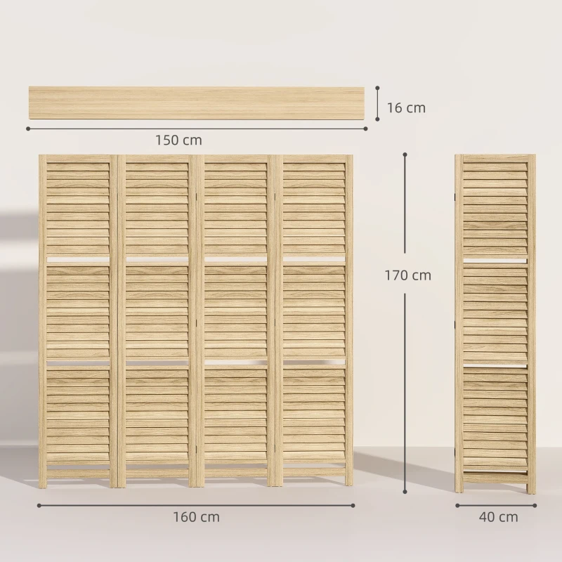 HOMCOM Paravent intérieur 4 panneaux 160L x 170H cm 3 étagères pliables séparateur de pièce portes persiennes naturel