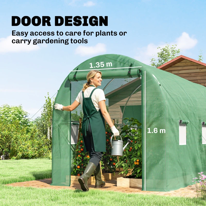 Outsunny 4 x 2 x 2 m Polytunnel Greenhouse with Roll-up Door and 6 Mesh Windows, Walk-in Garden Tunnel Warm House Tent with UV-resistant PE Cover and Galvanised Steel Frame, Green