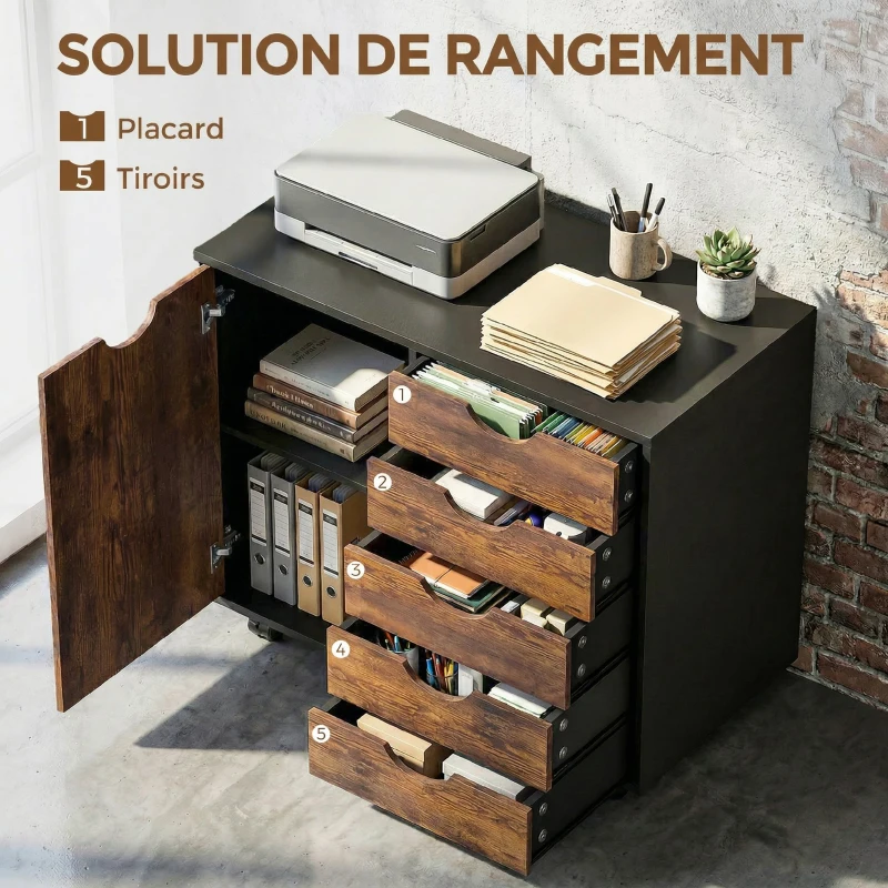 HOMCOM Meuble de rangement pour bureau 5 tiroirs 1 porte étagère réglable, support imprimante roulettes, 78x40x66,5 cm, marron