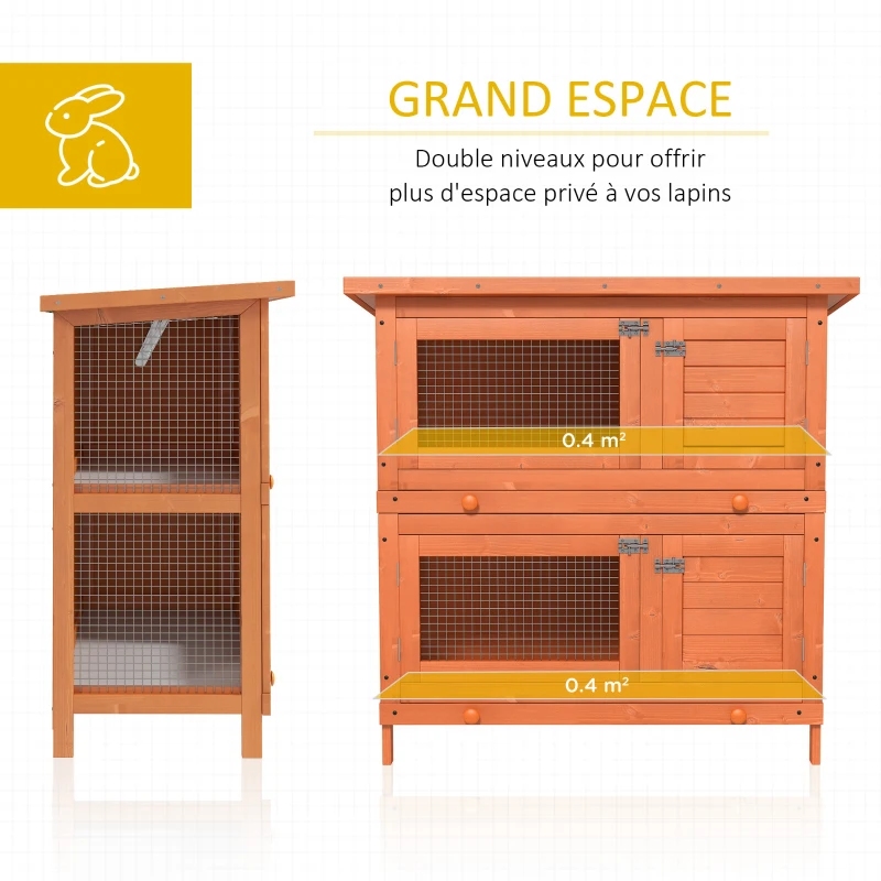 PawHut Clapier à lapin cage à lapin double niveau plateaux coulissants 4 portes verrouillables toit ouvrant 90L x 45l x 90H cm