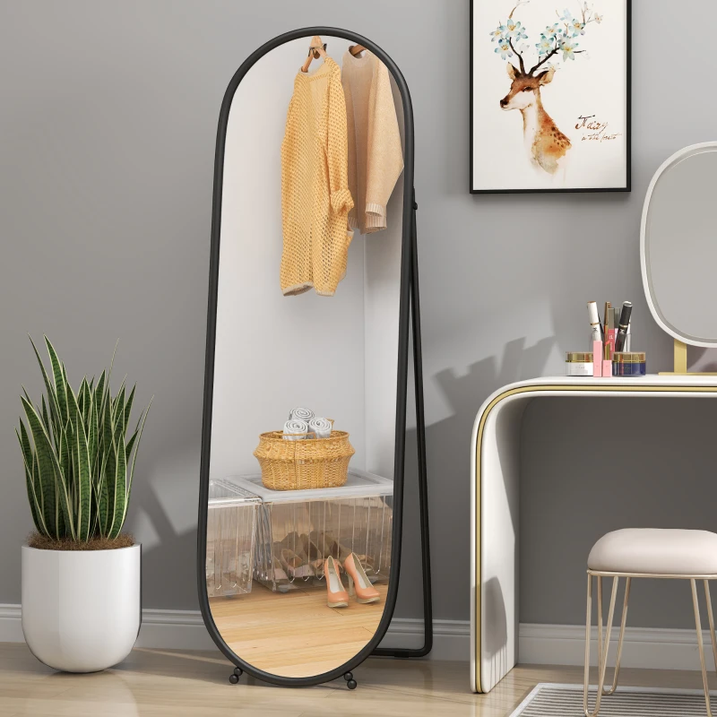 HOMCOM Grand miroir sur pied, miroir ovale, cadre en métal noir, avec support pour entrée, chambre, dressing, 40 x 160 cm