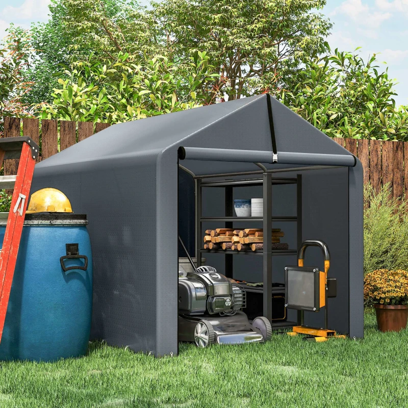 Outsunny Garagetent 2,2 x 1,6 m Waterdicht Bergingstent met Oprolbare Deur Zadeldak Stalen Frame, UV-bestendig Donkergrijs